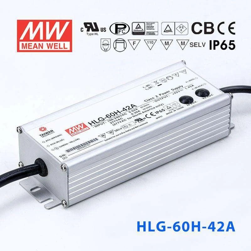 Mean Well HLG-60H-42A Power Supply 60W 42V - Adjustable 1.45A - HLG-60H-42A - powersupplymall.com