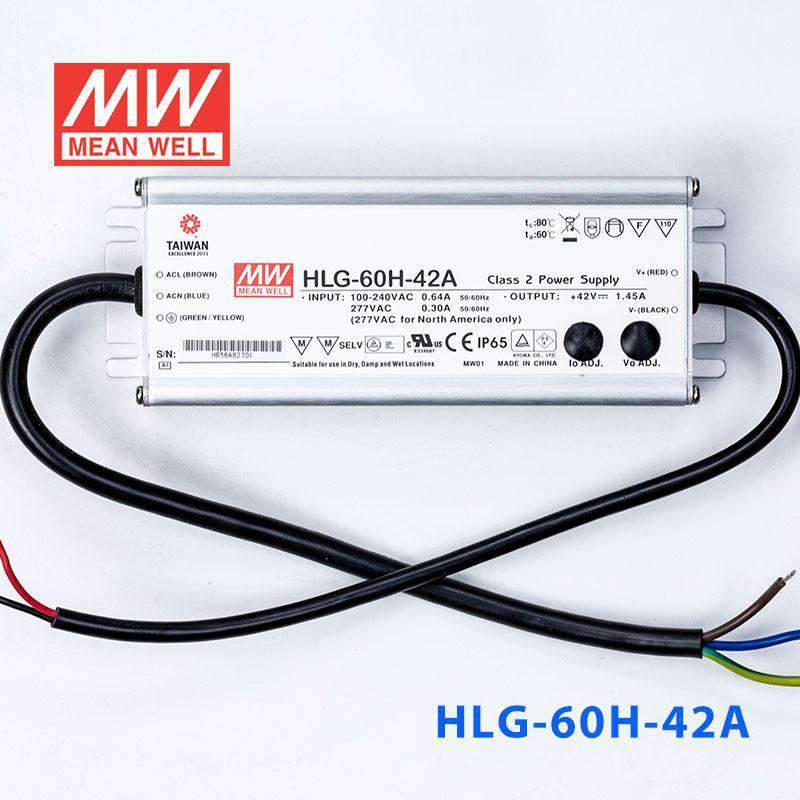 Mean Well HLG-60H-42A Power Supply 60W 42V - Adjustable 1.45A - HLG-60H-42A - powersupplymall.com