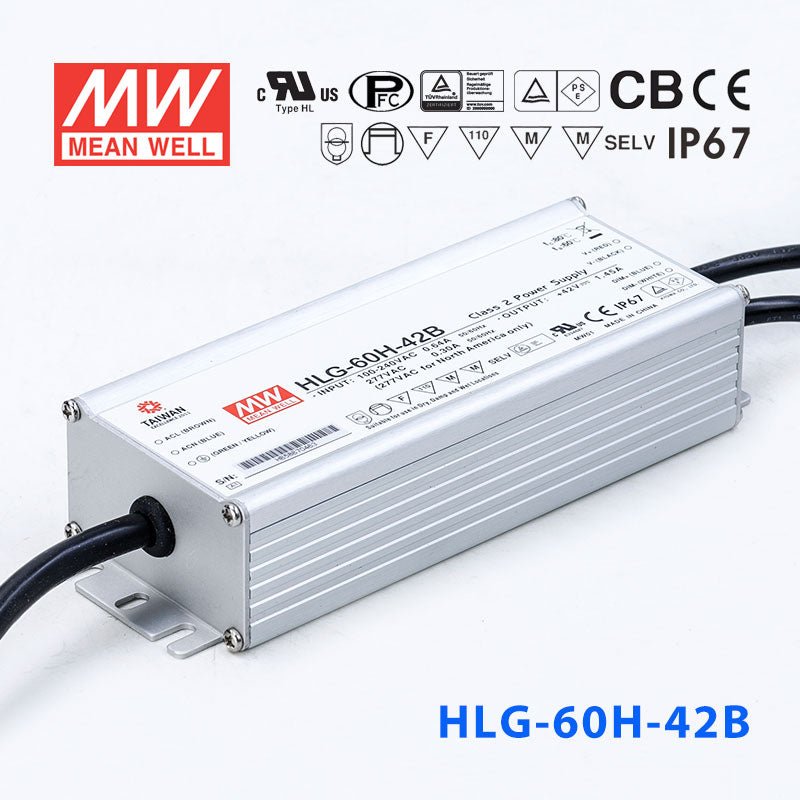 Mean Well HLG-60H-42AB Power Supply 60W 42V - Adjustable and Dimmable 1.45A - HLG-60H-42AB - powersupplymall.com