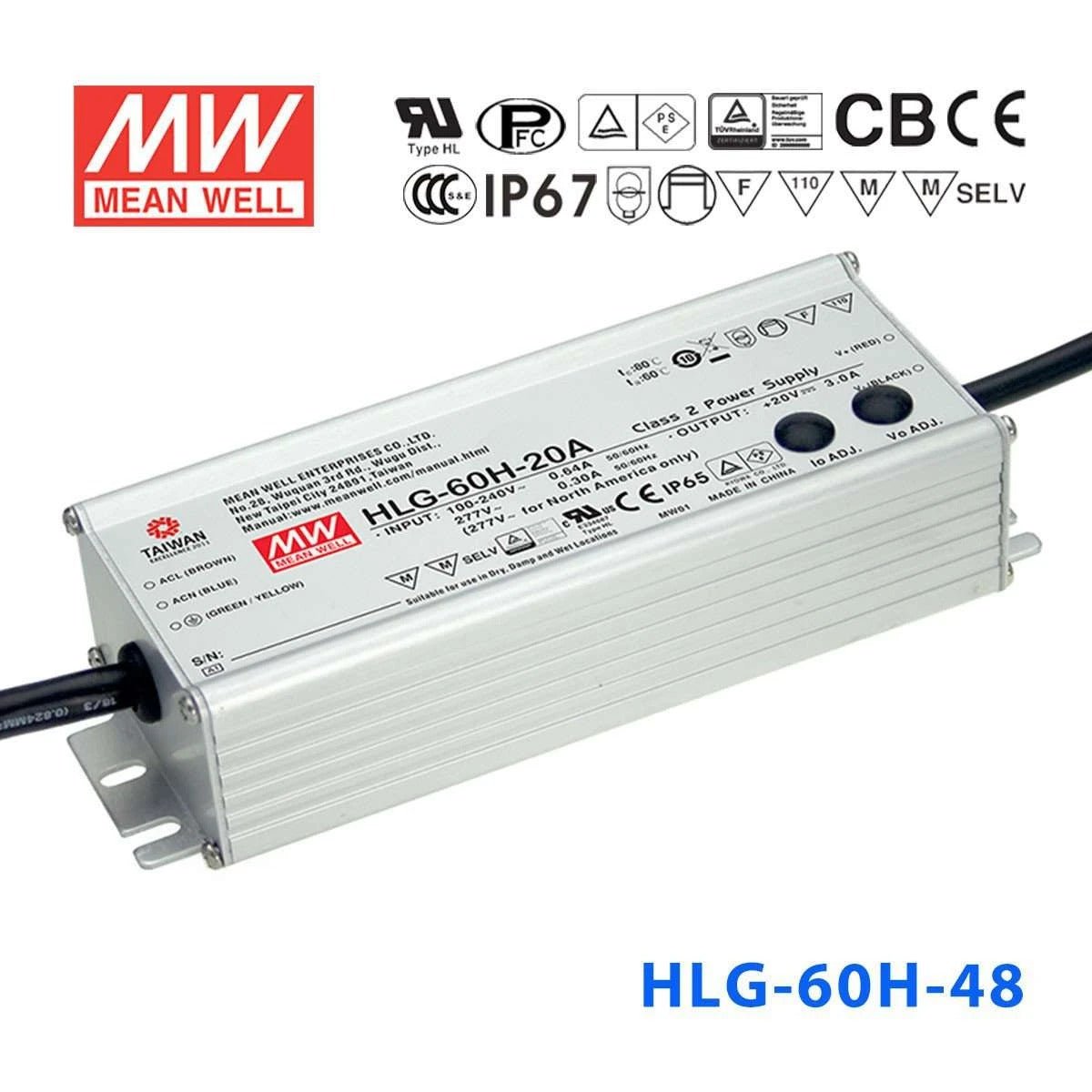 Mean Well HLG-60H-48 Power Supply 60W 48V 1.3A - HLG-60H-48 - powersupplymall.com