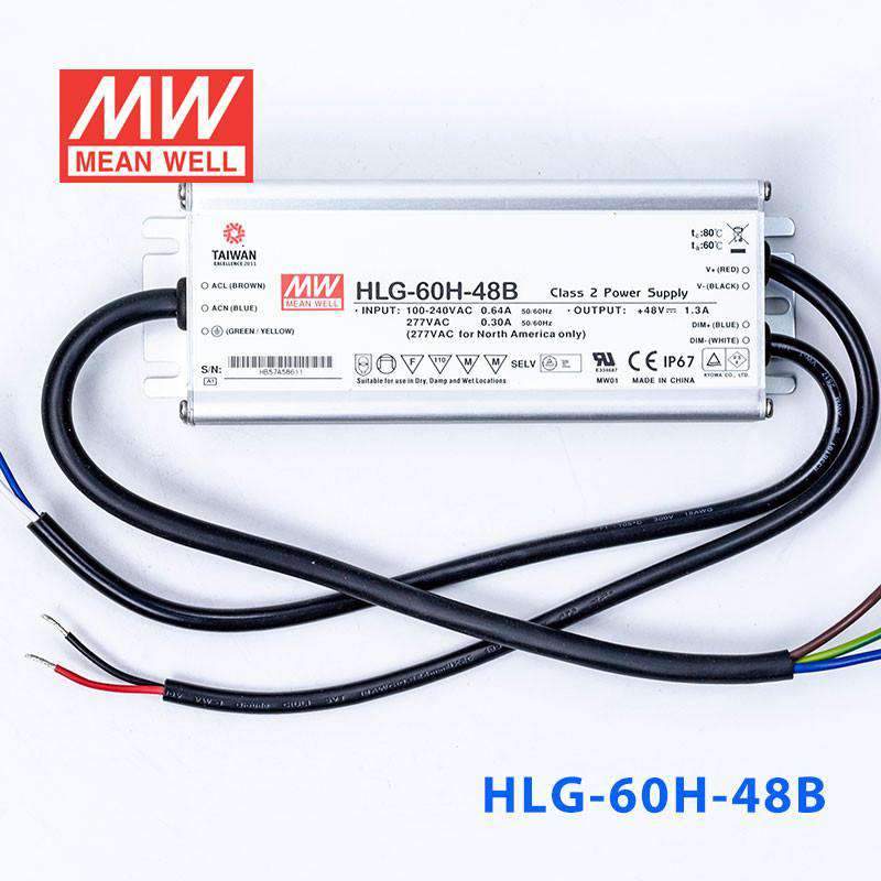 Mean Well HLG-60H-48B Power Supply 60W 48V - Dimmable 1.3A - HLG-60H-48B - powersupplymall.com