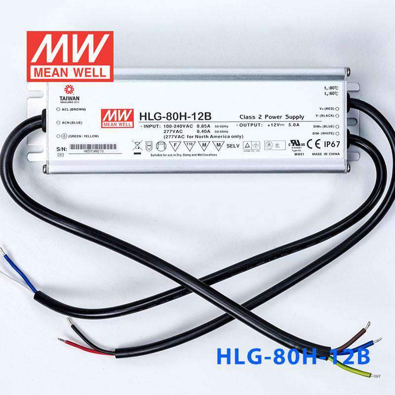 Mean Well HLG-80H-12B Power Supply 60W 12V - Dimmable 5A - HLG-80H-12B - powersupplymall.com