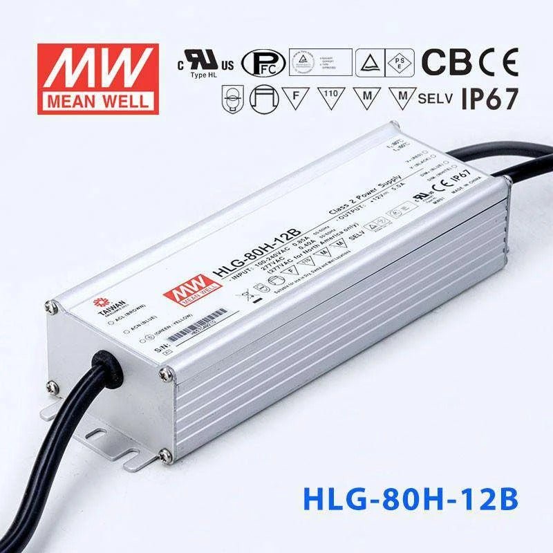 Mean Well HLG-80H-12B Power Supply 60W 12V - Dimmable 5A - HLG-80H-12B - powersupplymall.com