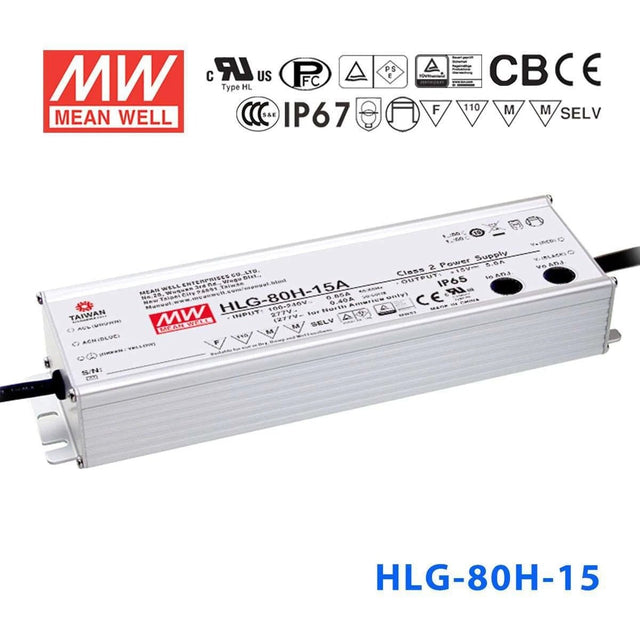 Mean Well HLG - 80H - 15 Power Supply 75W 15V - HLG - 80H - 15 - powersupplymall.com