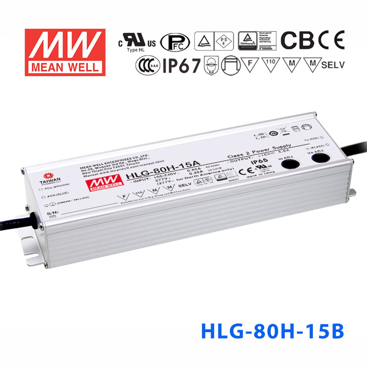 Mean Well HLG-80H-15AB Power Supply 75W 15V - Adjustable and Dimmable 5A - HLG-80H-15AB - powersupplymall.com
