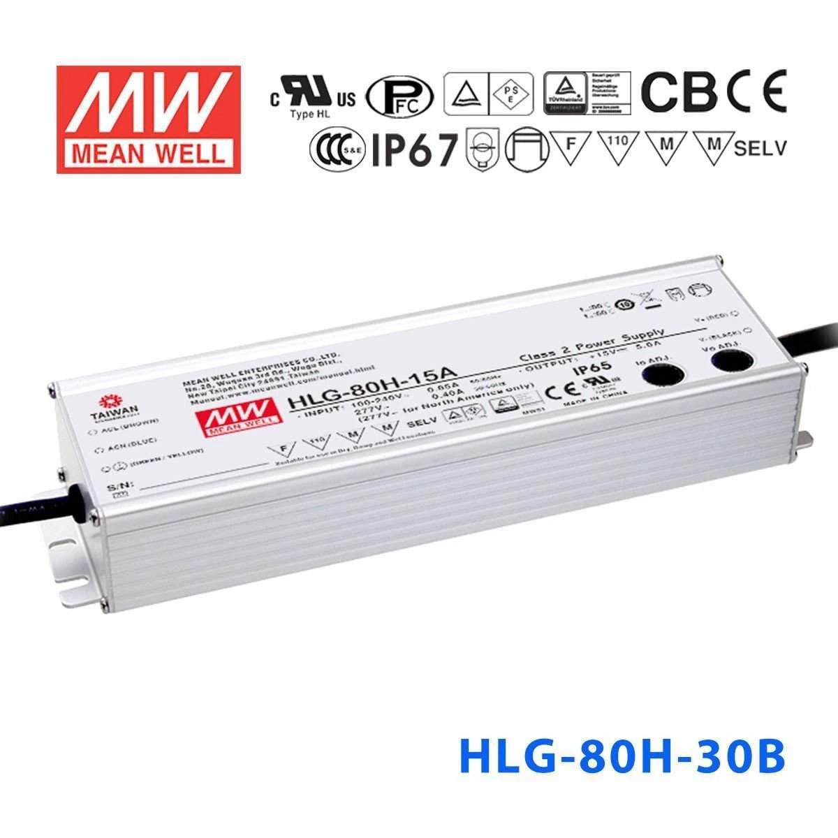 Mean Well HLG-80H-30B Power Supply 80W 30V - Dimmable 2.7A - HLG-80H-30B - powersupplymall.com