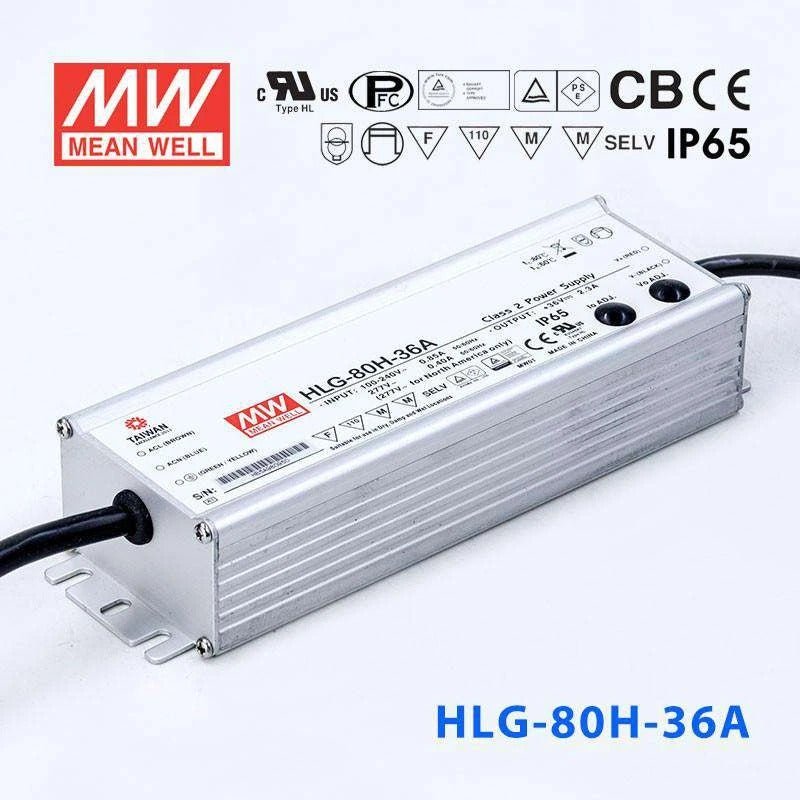 Mean Well HLG-80H-36A Power Supply 80W 36V - Adjustable 2.3A - HLG-80H-36A - powersupplymall.com