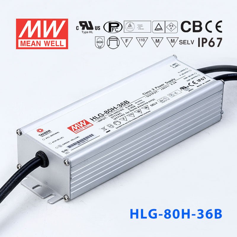 Mean Well HLG-80H-36AB Power Supply 80W 36V - Adjustable and Dimmable 2.3A - HLG-80H-36AB - powersupplymall.com
