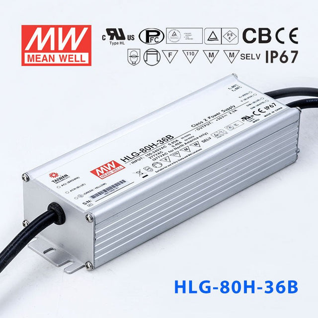 Mean Well HLG-80H-36AB Power Supply 80W 36V - Adjustable and Dimmable 2.3A - HLG-80H-36AB - powersupplymall.com