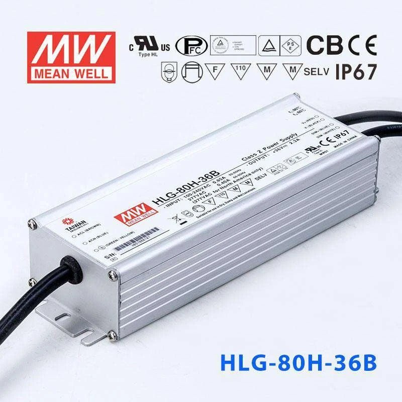 Mean Well HLG-80H-36B Power Supply 80W 36V - Dimmable 2.3A - HLG-80H-36B - powersupplymall.com