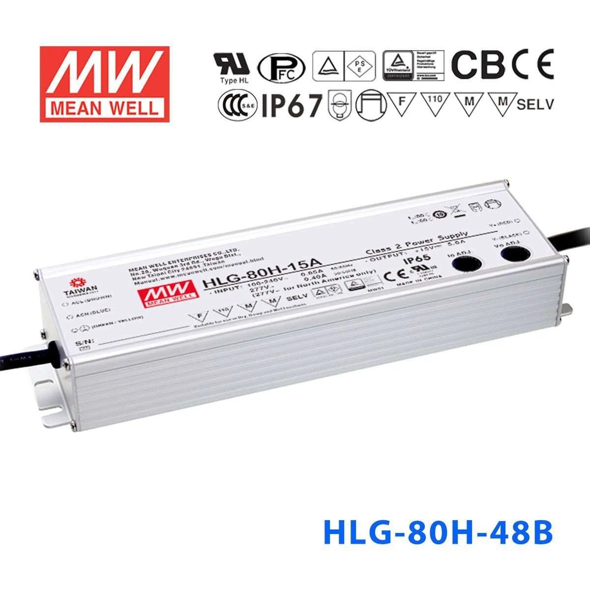 Mean Well HLG-80H-48B Power Supply 80W 48V - Dimmable 1.7A - HLG-80H-48B - powersupplymall.com