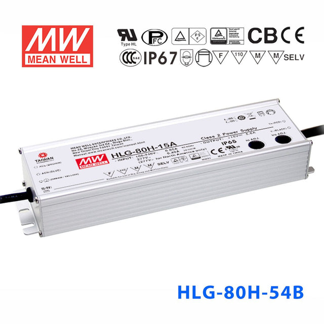 Mean Well HLG-80H-54AB Power Supply 80W 54V - Adjustable and Dimmable 1.5A - HLG-80H-54AB - powersupplymall.com