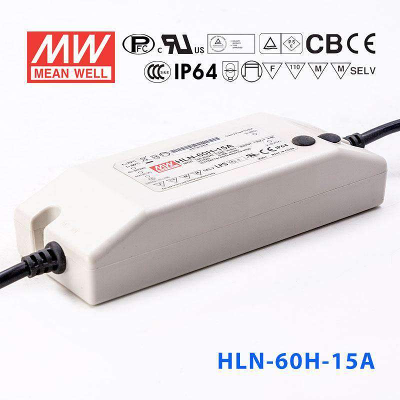Mean Well HLN - 60H - 15A Power Supply 60W 15V - IP64, Adjustable - HLN-60H-15A - powersupplymall.com