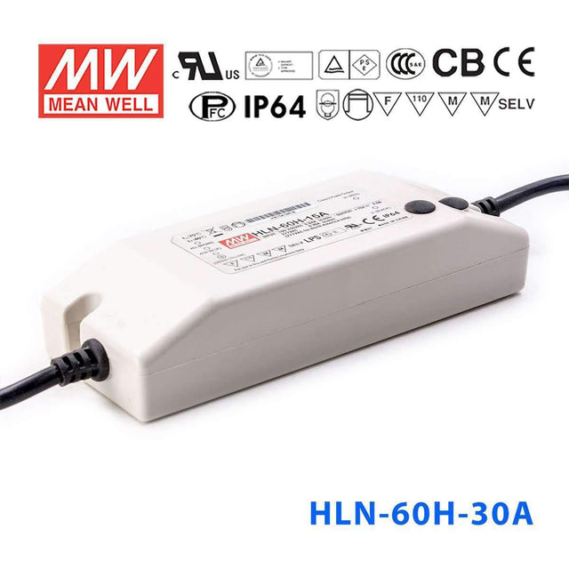 Mean Well HLN-60H-30A Power Supply 60W 30V - IP64, Adjustable 2A - HLN-60H-30A - powersupplymall.com