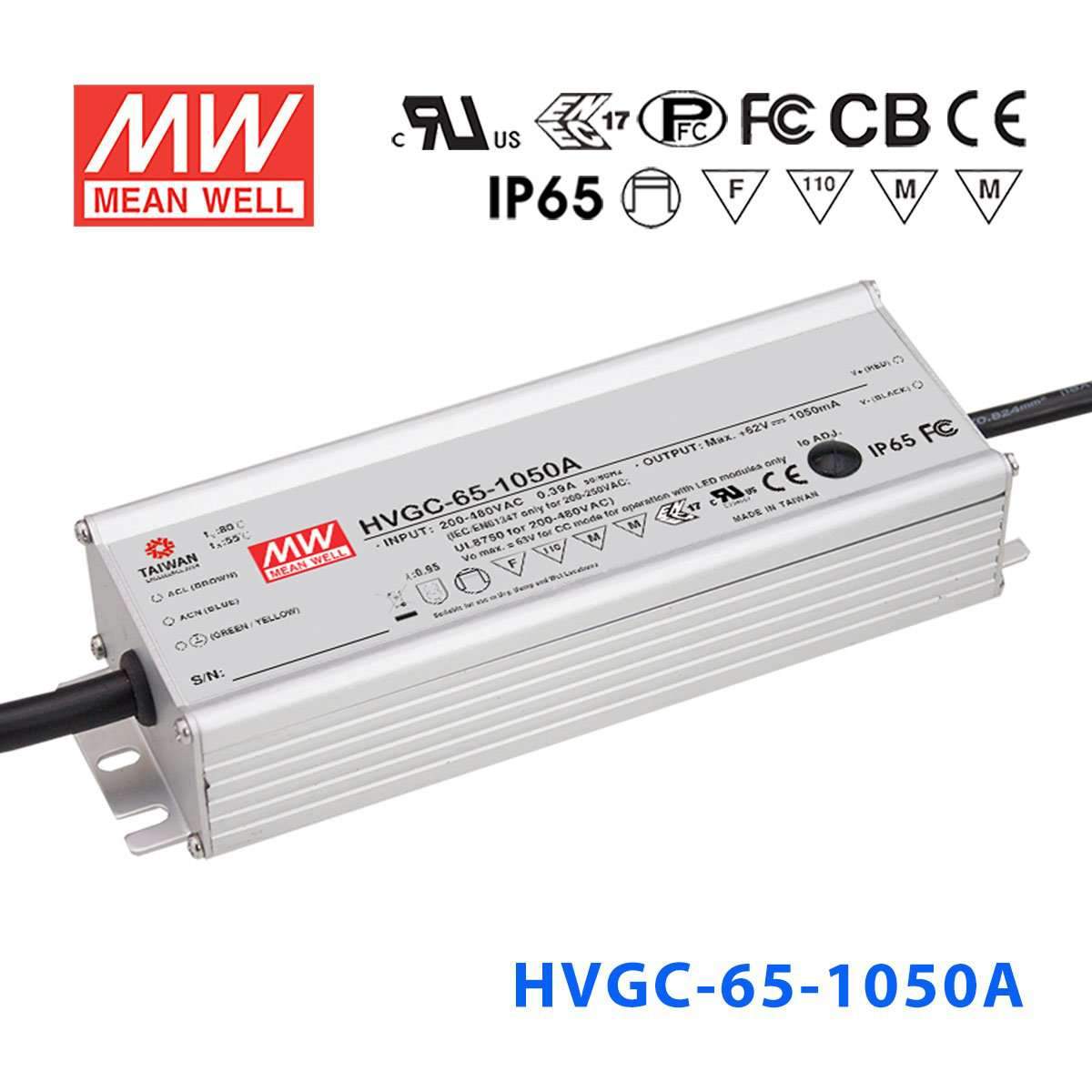 Mean Well HVGC - 65 - 1050A Power Supply 65W 1050mA - Adjustable - HVGC - 65 - 1050A - powersupplymall.com