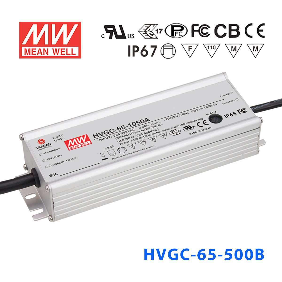 Mean Well HVGC-65-500B Power Supply 65W 500mA - Dimmable - HVGC-65-500B - powersupplymall.com