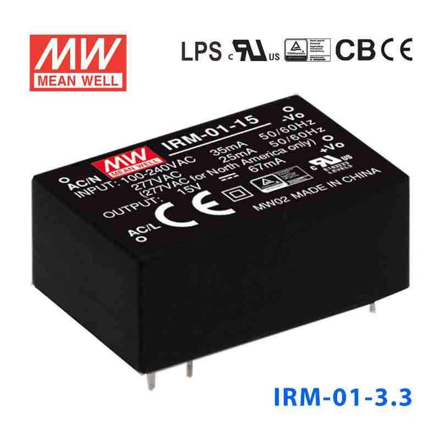 Mean Well IRM - 01 - 3.3 Switching Power Supply 1W 3.3V 300mA - Encapsulated - IRM - 01 - 3.3 - powersupplymall.com