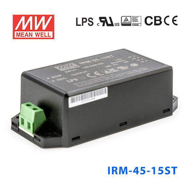 Mean Well IRM - 45 - 15ST Switching Power Supply 45W 15V 3A - Encapsulated - IRM - 45 - 15ST - powersupplymall.com