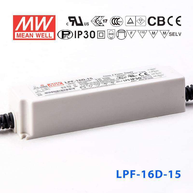 Mean Well LPF - 16D - 15 Power Supply 16W 15V - Dimmable - LPF - 16D - 15 - powersupplymall.com