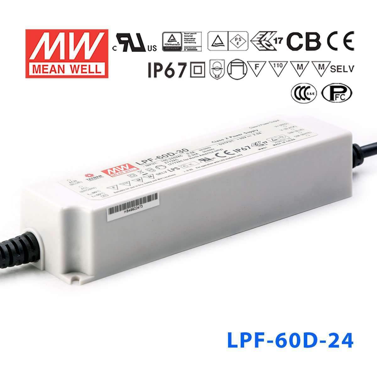 Mean Well LPF - 60D - 24 Power Supply 60W 24V - Dimmable - LPF-60D-24 - powersupplymall.com