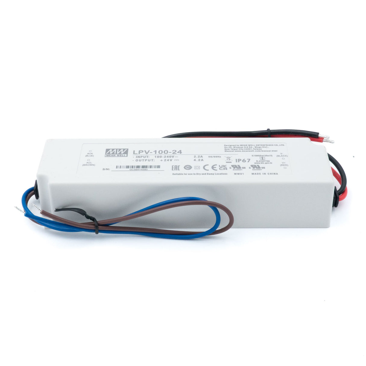 Mean Well LPV-100-24 LED Driver — 100.8W 24V 4.2A IP67 Waterproof - LPV-100-24 - powersupplymall.com