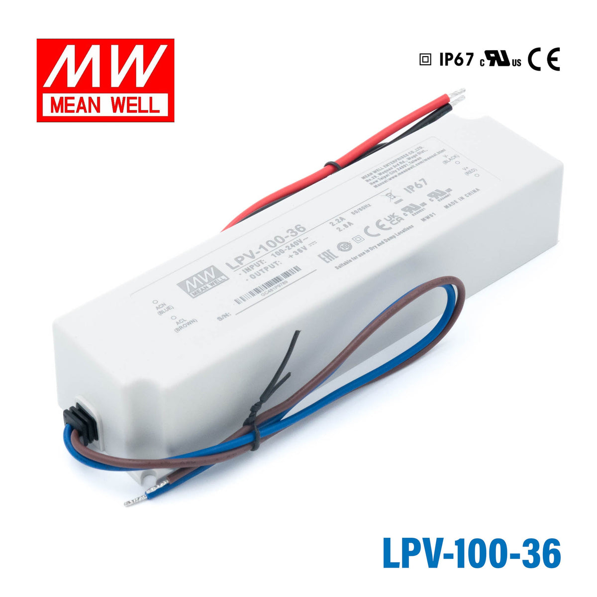 Mean Well LPV-100-36 LED Driver — 100.8W 36V 2.8A IP67 Waterproof - LPV-100-36 - powersupplymall.com