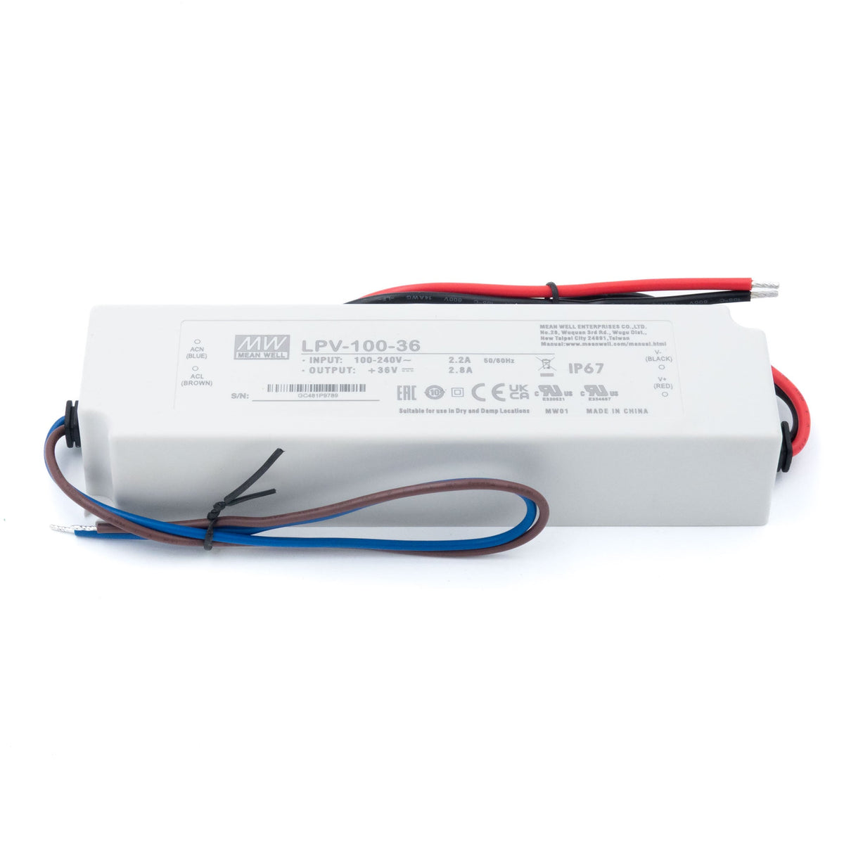 Mean Well LPV-100-36 LED Driver — 100.8W 36V 2.8A IP67 Waterproof - LPV-100-36 - powersupplymall.com