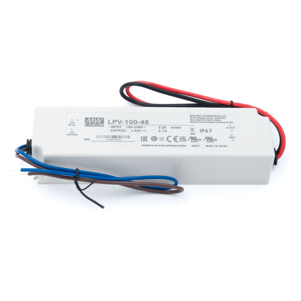 Mean Well LPV-100-48 LED Driver — 100.8W 48V 2.1A IP67 Waterproof - LPV-100-48 - powersupplymall.com