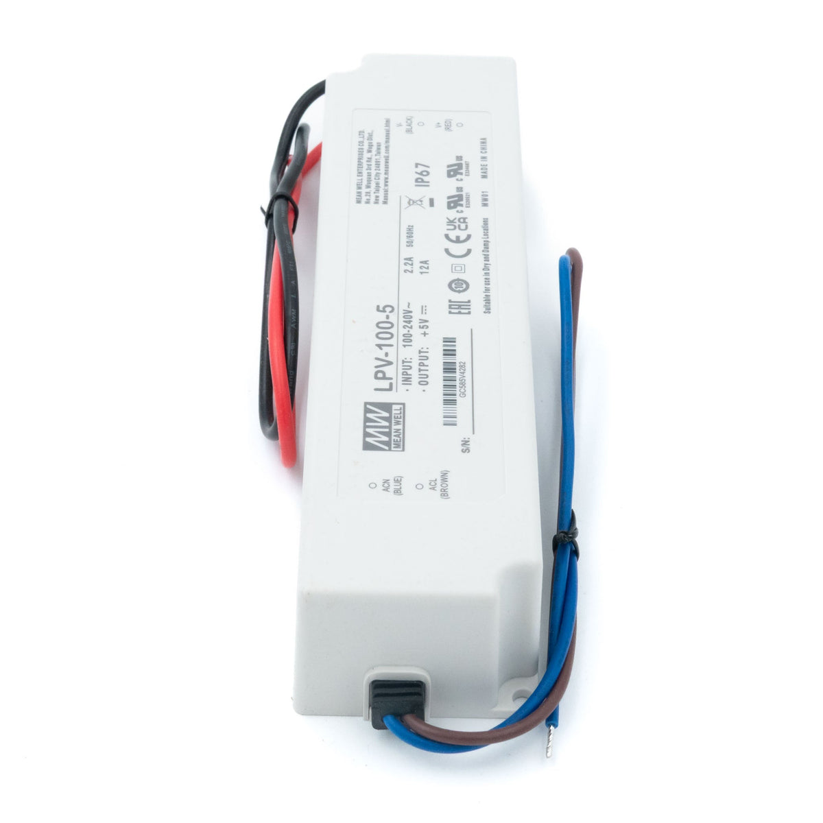 Mean Well LPV-100-5 LED Driver — 60W 5V 12A IP67 Waterproof - LPV-100-5 - powersupplymall.com