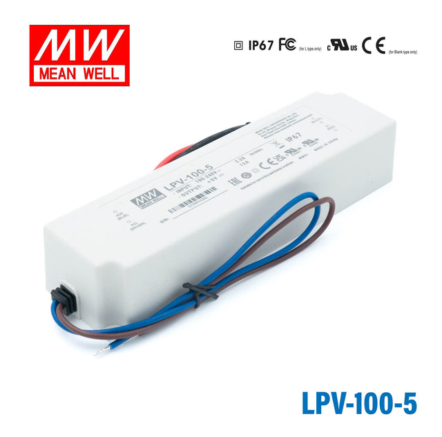 Mean Well LPV-100-5 LED Driver — 60W 5V 12A IP67 Waterproof - LPV-100-5 - powersupplymall.com