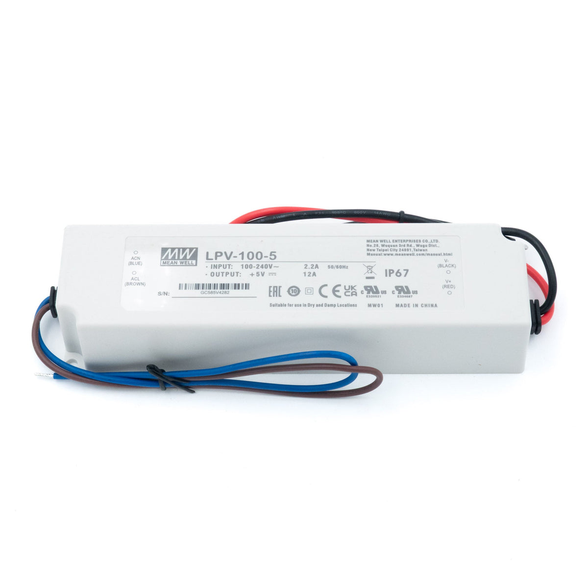 Mean Well LPV-100-5 LED Driver — 60W 5V 12A IP67 Waterproof - LPV-100-5 - powersupplymall.com