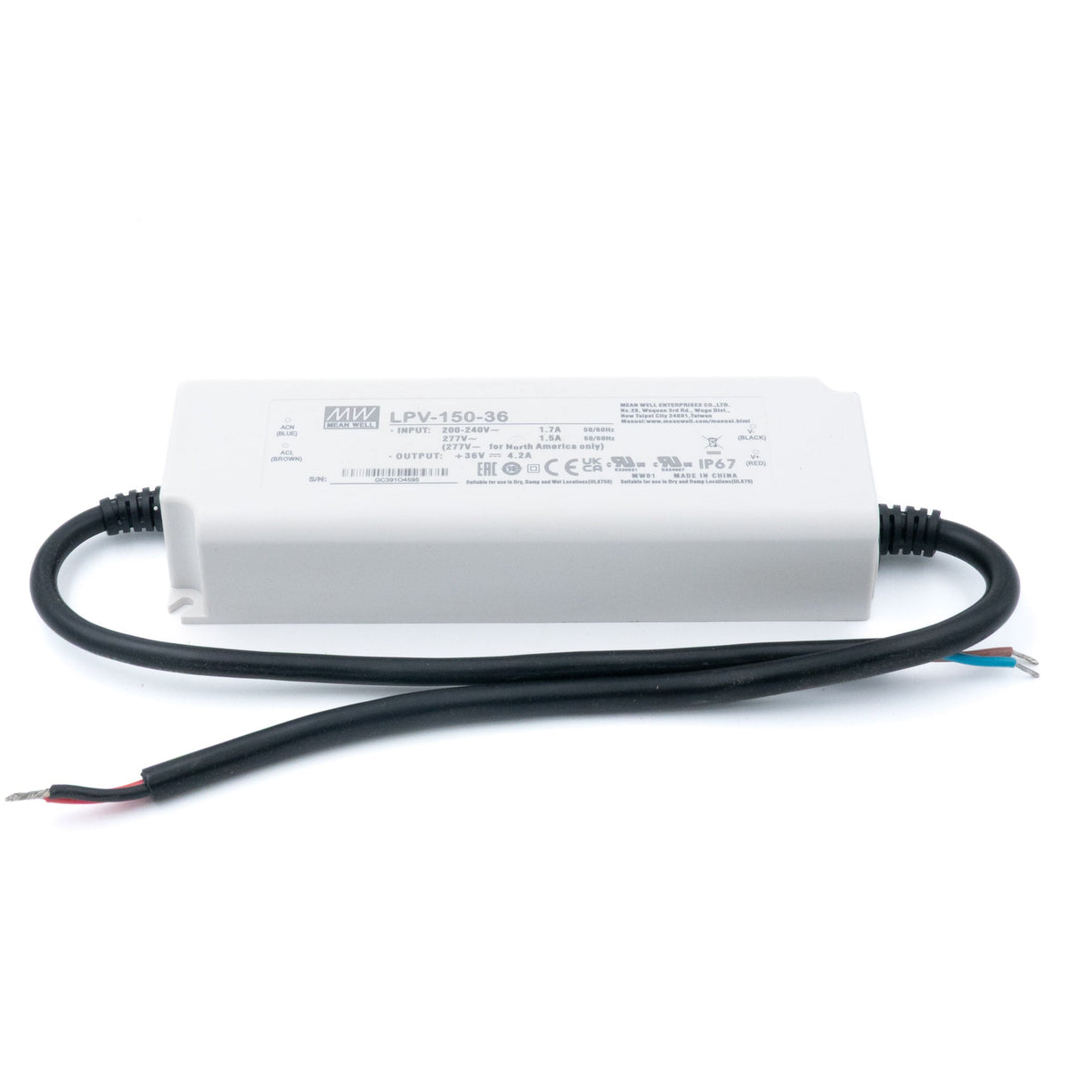 Mean Well LPV-150-36 LED Driver — 151.2W 36V 4.2A IP67 Waterproof - LPV-150-36 - powersupplymall.com