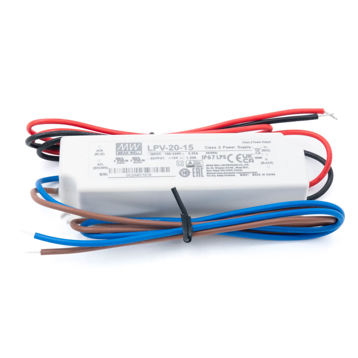 Mean Well LPV-20-15 LED Driver — 20W 15V 1.33A IP67 Waterproof - LPV-20-15 - powersupplymall.com