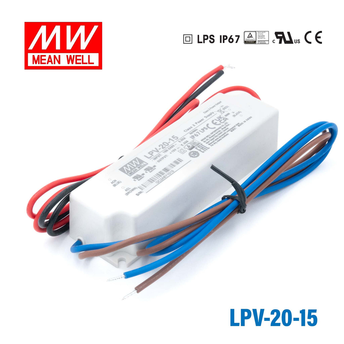 Mean Well LPV-20-15 LED Driver — 20W 15V 1.33A IP67 Waterproof - LPV-20-15 - powersupplymall.com