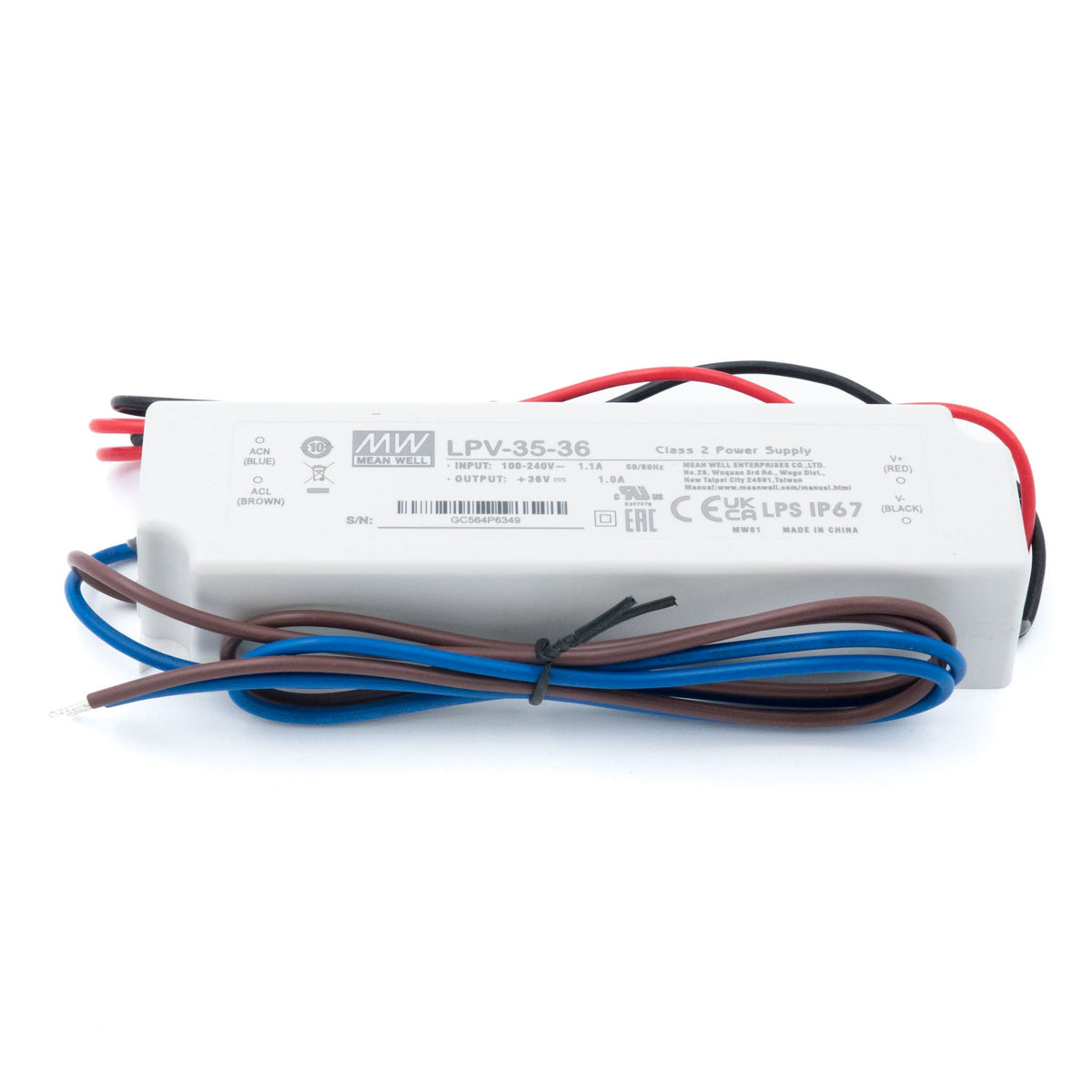 Mean Well LPV-35-36 LED Driver — 36W 36V 1A IP67 Waterproof - LPV-35-36 - powersupplymall.com