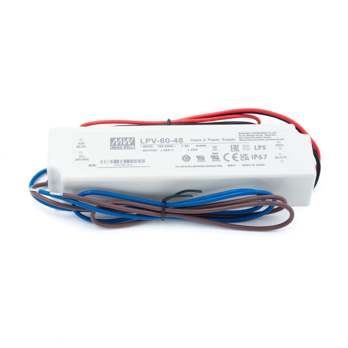 Mean Well LPV-60-48 LED Driver — 60W 48V 1.25A IP67 Waterproof - LPV-60-48 - powersupplymall.com