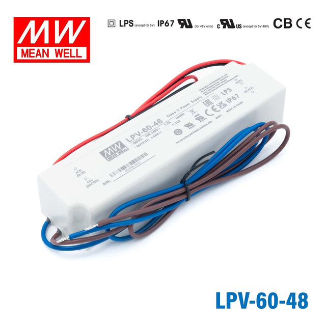 Mean Well LPV-60-48 LED Driver — 60W 48V 1.25A IP67 Waterproof - LPV-60-48 - powersupplymall.com
