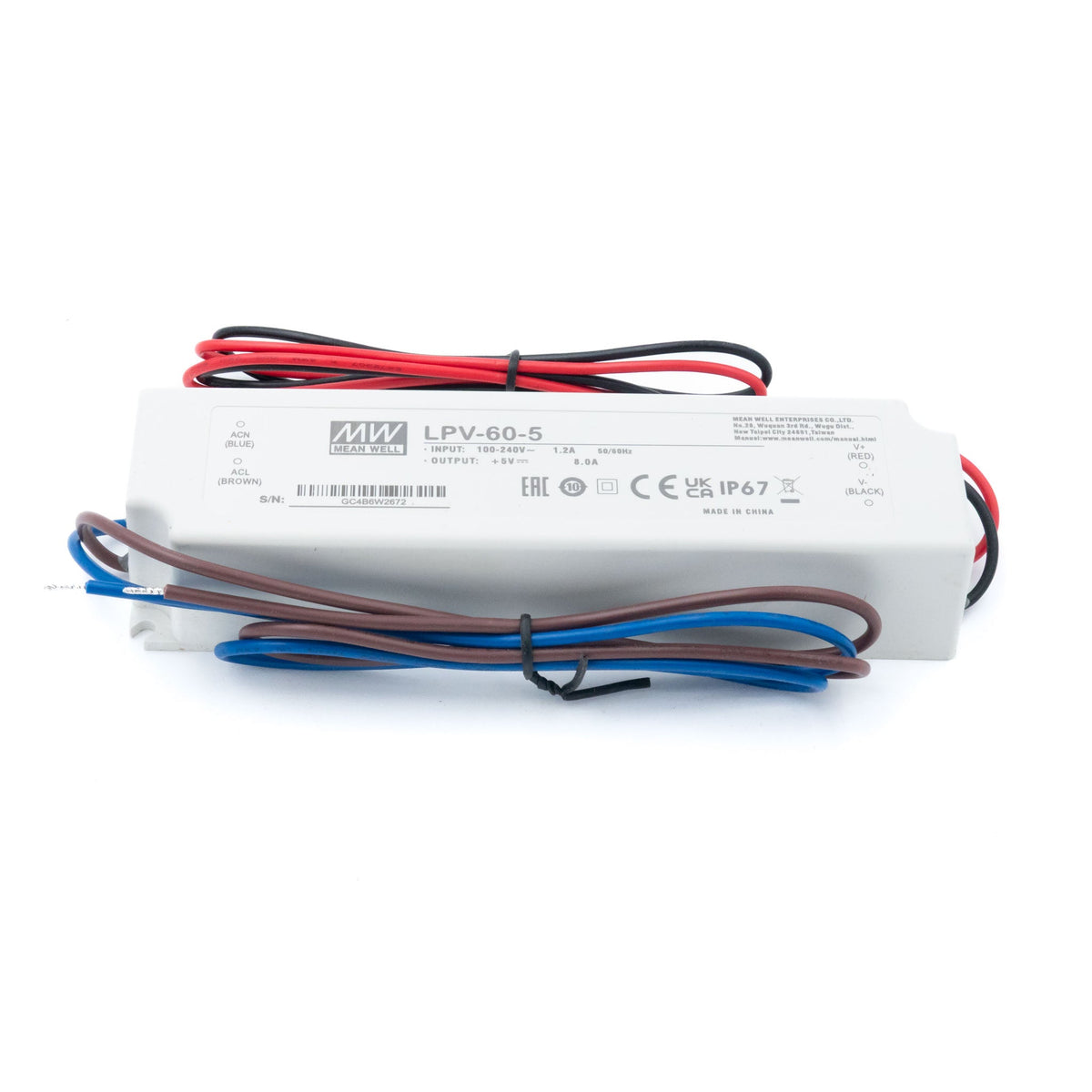 Mean Well LPV-60-5 LED Driver — 40W 5V 8A IP67 Waterproof - LPV-60-5 - powersupplymall.com
