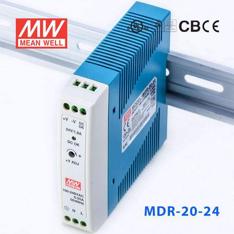 Mean Well MDR - 20 - 24 Single Output Industrial Power Supply 20W 24V - DIN Rail - MDR - 20 - 24 - powersupplymall.com