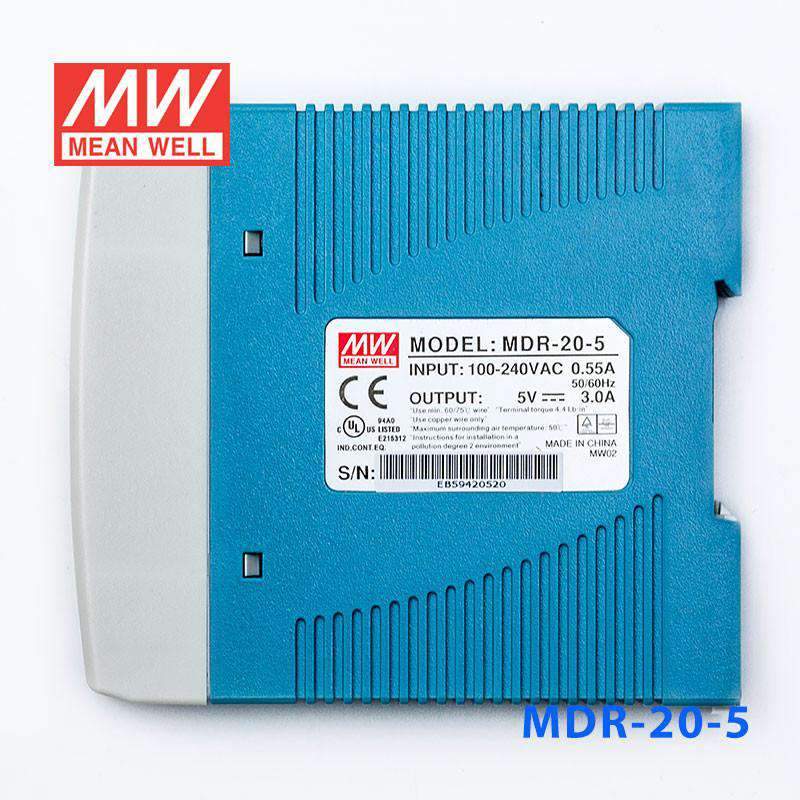 Mean Well MDR - 20 - 5 Single Output Industrial Power Supply 20W 5V - DIN Rail - MDR - 20 - 5 - powersupplymall.com