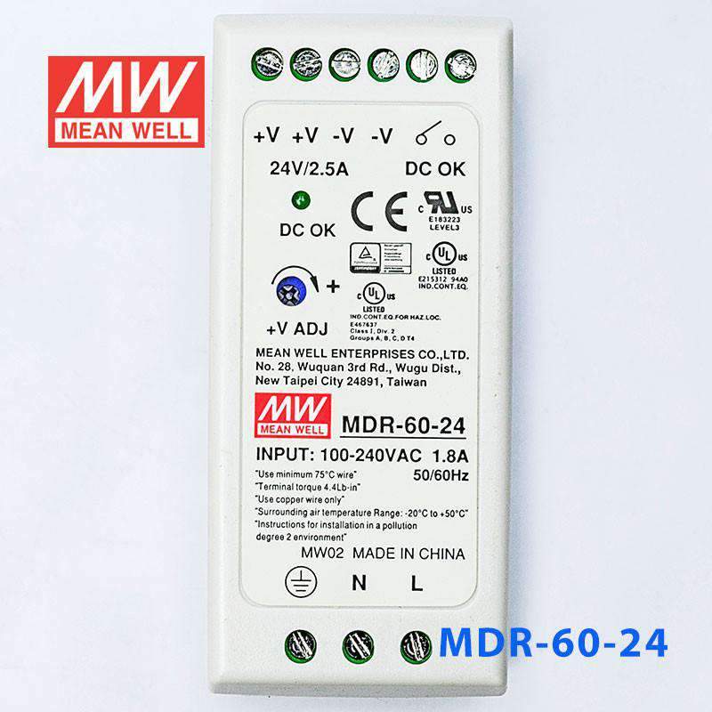 Mean Well MDR - 60 - 24 Single Output Industrial Power Supply 60W 24V - DIN Rail - MDR - 60 - 24 - powersupplymall.com