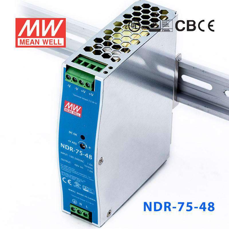 Mean Well NDR - 75 - 48 Single Output Industrial Power Supply 75W 48V - DIN Rail - NDR - 75 - 48 - powersupplymall.com