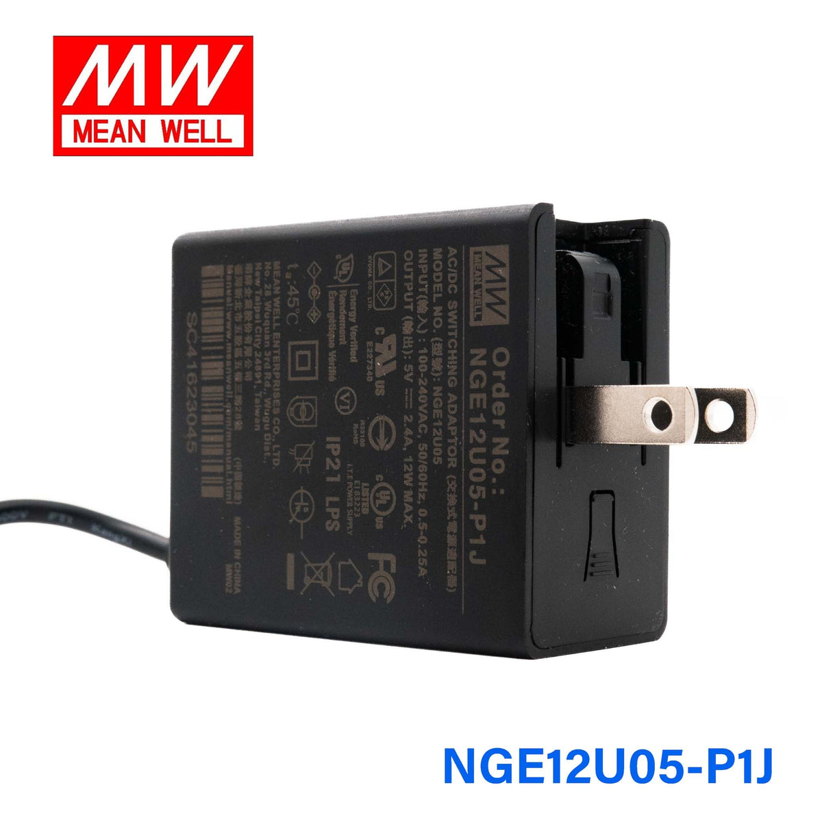 Mean Well NGE12U05-P1J AC-DC Wall-mounted Green Adaptor - US Plug - 12W 5V 2.4A - NGE12U05-P1J - powersupplymall.com