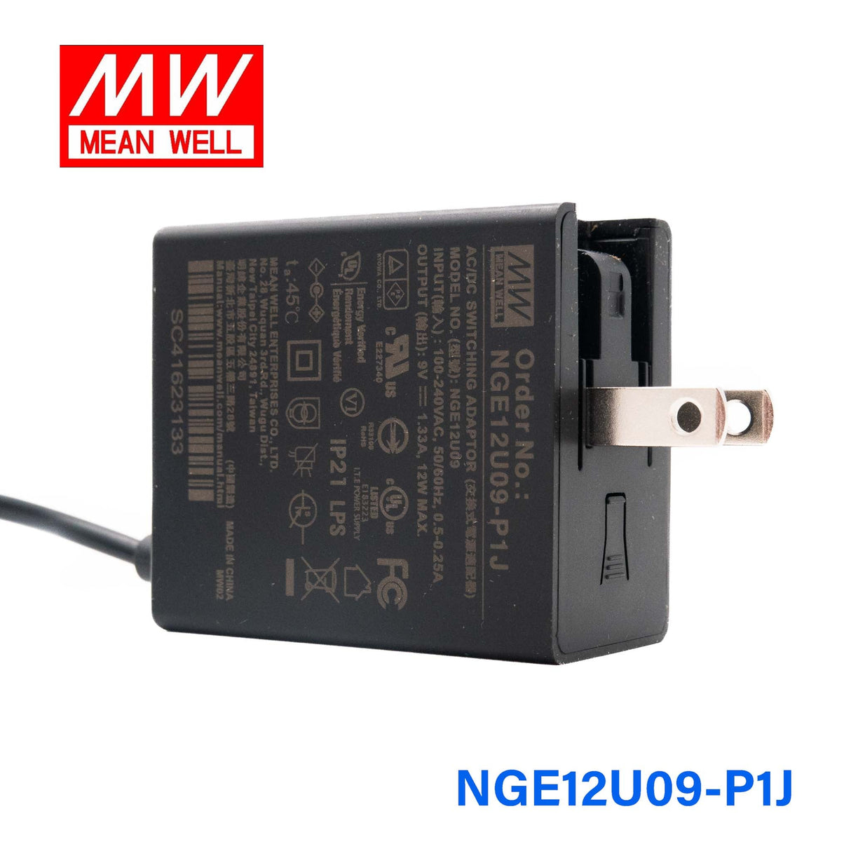 Mean Well NGE12U09-P1J AC-DC Wall-mounted Green Adaptor - US Plug - 12W 9V 1.33A - NGE12U09-P1J - powersupplymall.com