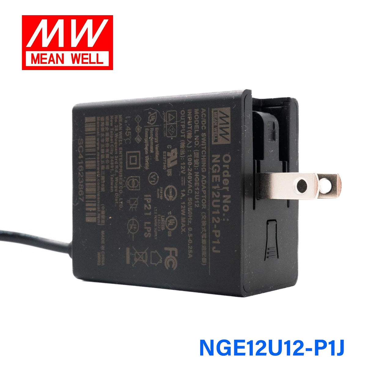 Mean Well NGE12U12-P1J AC-DC Wall-mounted Green Adaptor - US Plug - 12W 12V 1A - NGE12U12-P1J - powersupplymall.com