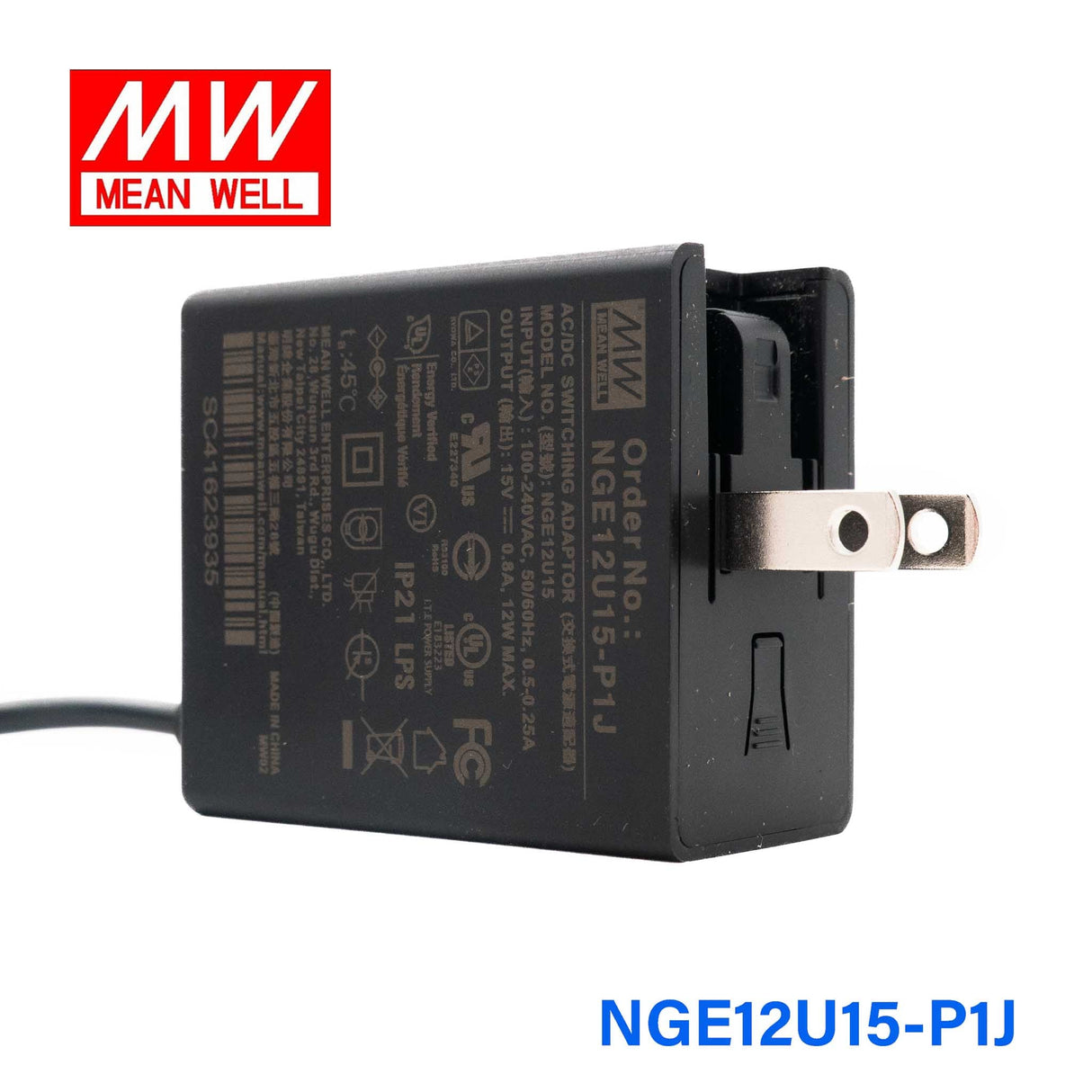 Mean Well NGE12U15-P1J AC-DC Wall-mounted Green Adaptor - US Plug - 12W 15V 0.8A - NGE12U15-P1J - powersupplymall.com