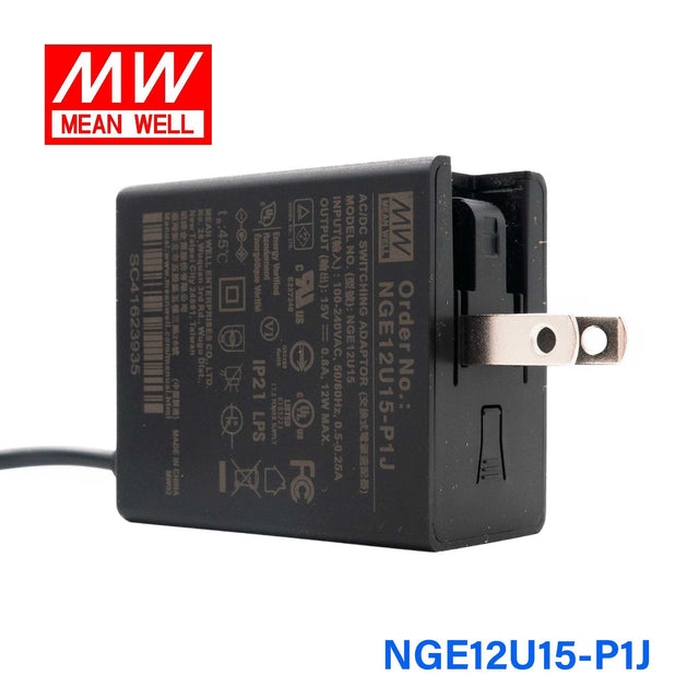 Mean Well NGE12U15-P1J AC-DC Wall-mounted Green Adaptor - US Plug - 12W 15V 0.8A - NGE12U15-P1J - powersupplymall.com