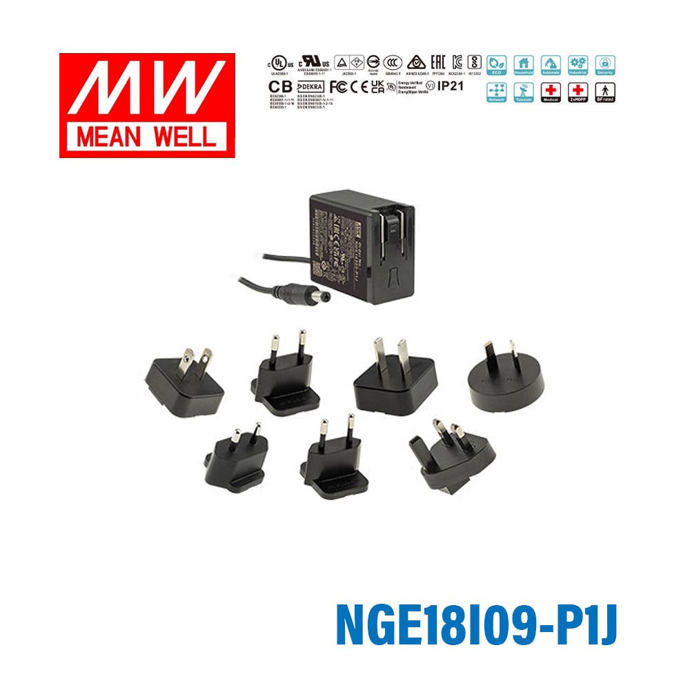 Mean Well NGE18I09-P1J AC-DC Wall-mounted Green Adaptor - Interchangeable Plug - 18W 9V 2A - NGE18I09-P1J - powersupplymall.com