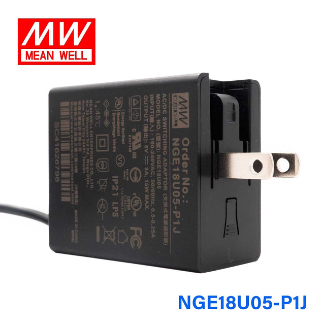 Mean Well NGE18U05-P1J AC-DC Wall-mounted Green Adaptor - US Plug - 18W 5V 3A - NGE18U05-P1J - powersupplymall.com