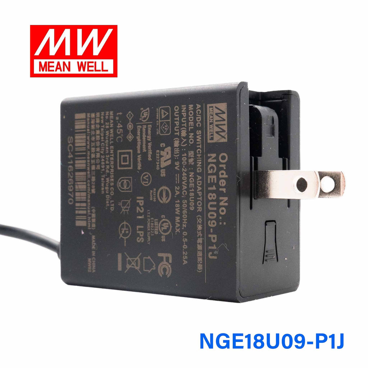 Mean Well NGE18U09-P1J AC-DC Wall-mounted Green Adaptor - US Plug - 18W 9V 2A - NGE18U09-P1J - powersupplymall.com